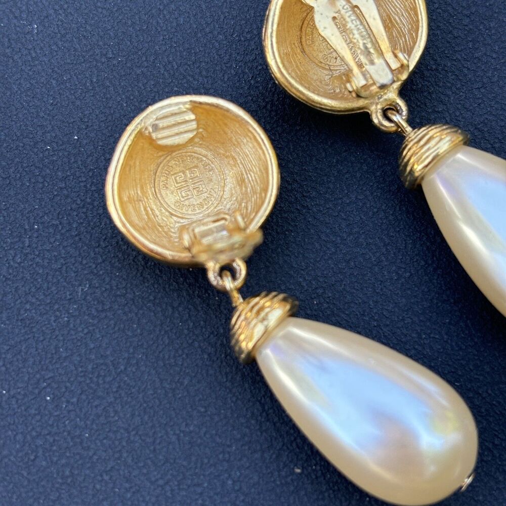 Vintage Givenchy Gold Tone Clip On Dangle Teardrop Earrings Faux Pearl 2" - Picture 5 of 9